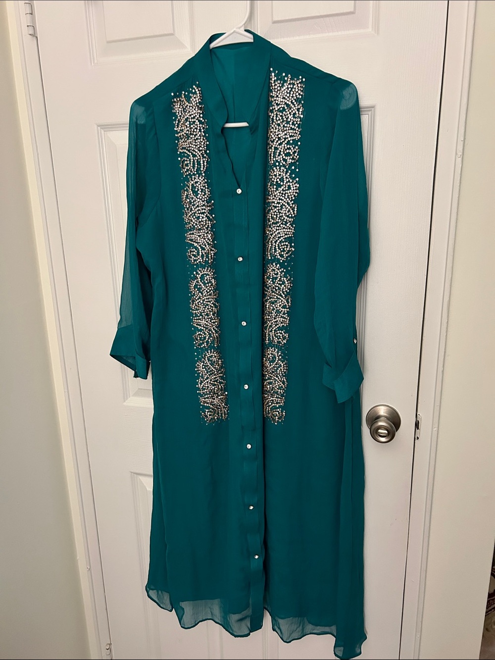Teal Embellished Stonework Long Shirt Indian Dress